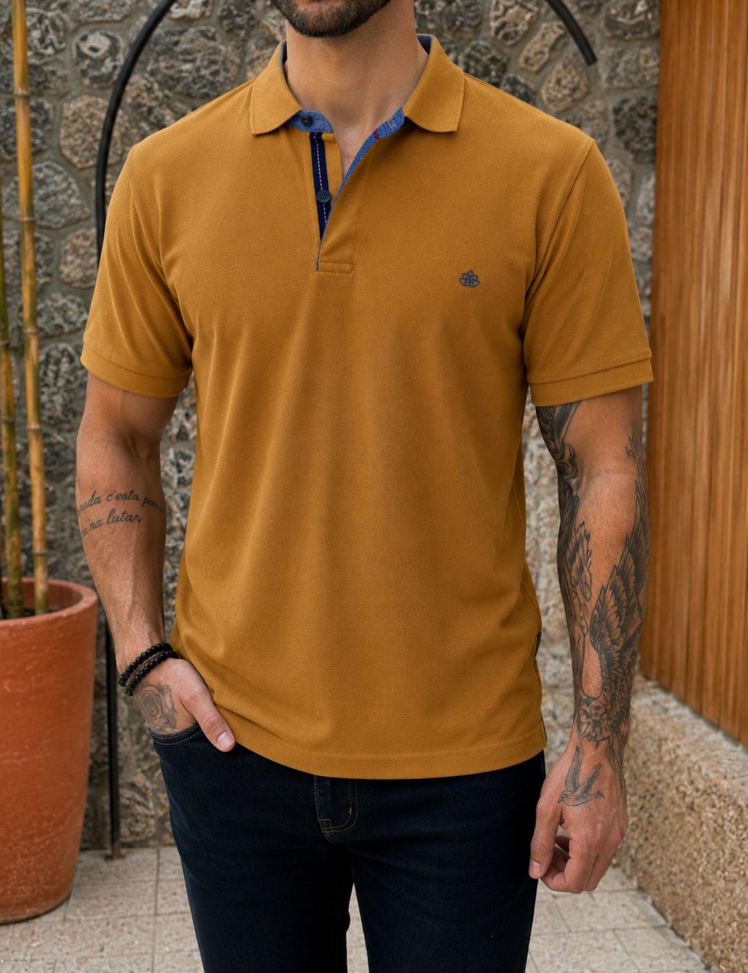 Everbest ανδρική ώχρα πικέ Polo μπλούζα Plus Size 262834O - Everbest - 